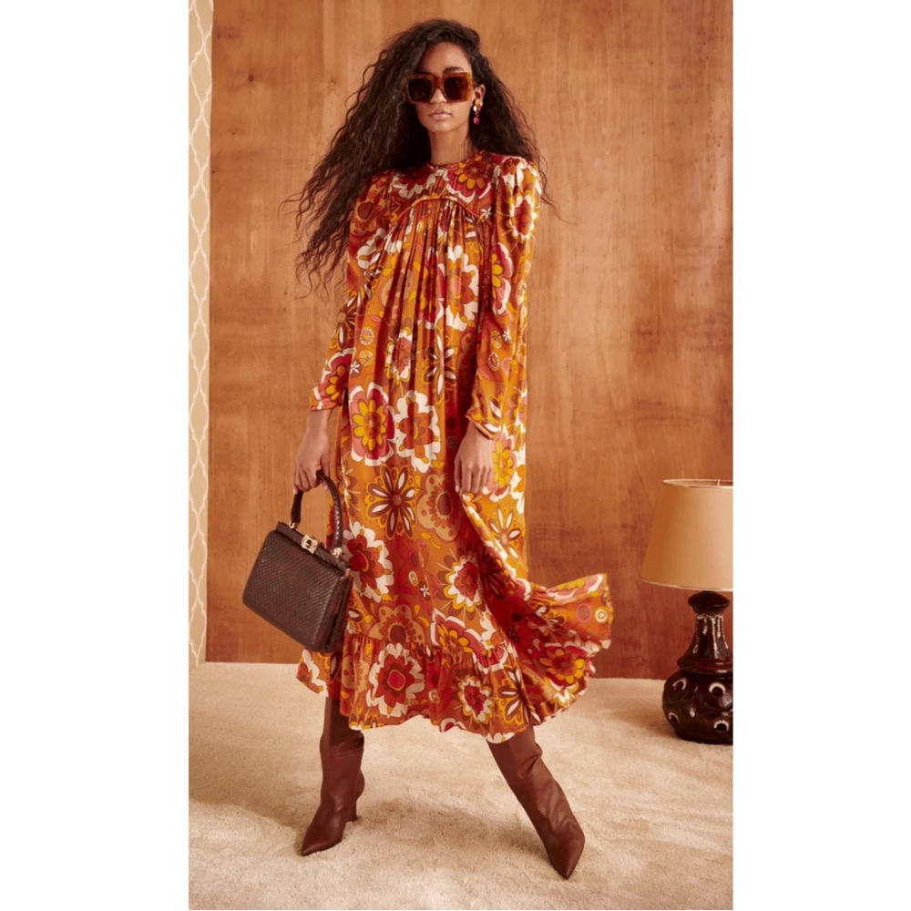 CeliaB Orange Tai Printed Midi Dress In Satin XS